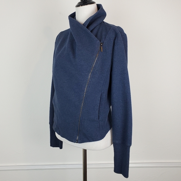 H by Halston Jacket Moto Ribbed Knit Asymmetrical Zip Up Edgy Fall Spring Blue - Picture 4 of 12